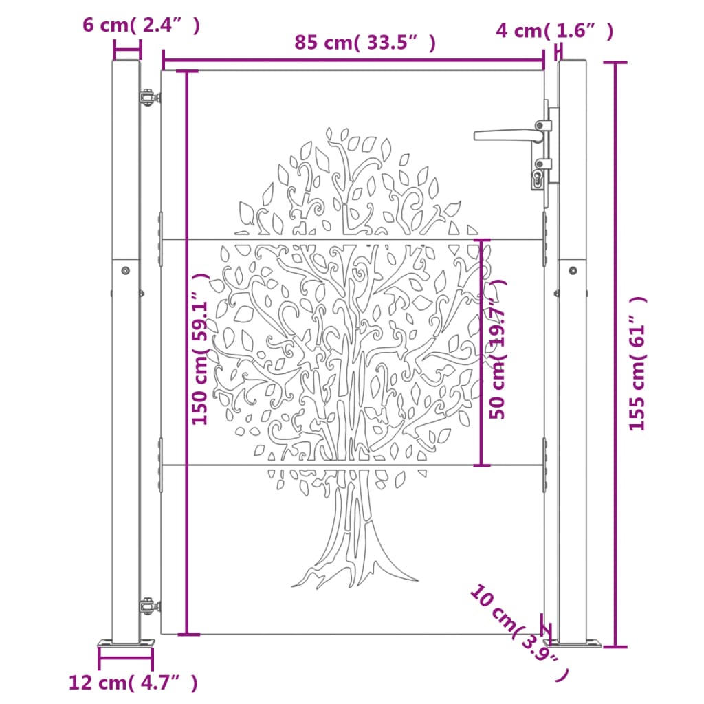 vidaXL Gartentor 105x155 cm Cortenstahl Baum-Design