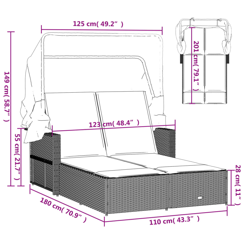 vidaXL Doppel-Sonnenliege mit Dach und Auflagen Beige Poly Rattan