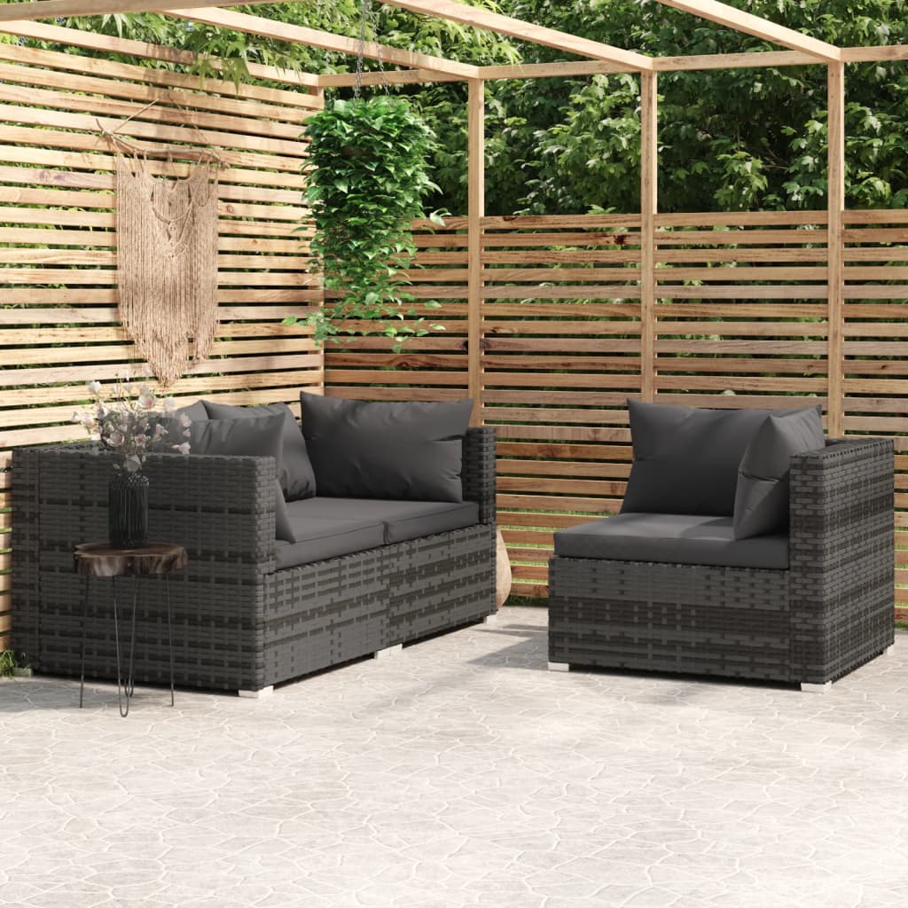 vidaXL 3-tlg. Garten-Lounge-Set mit Kissen Grau Poly Rattan