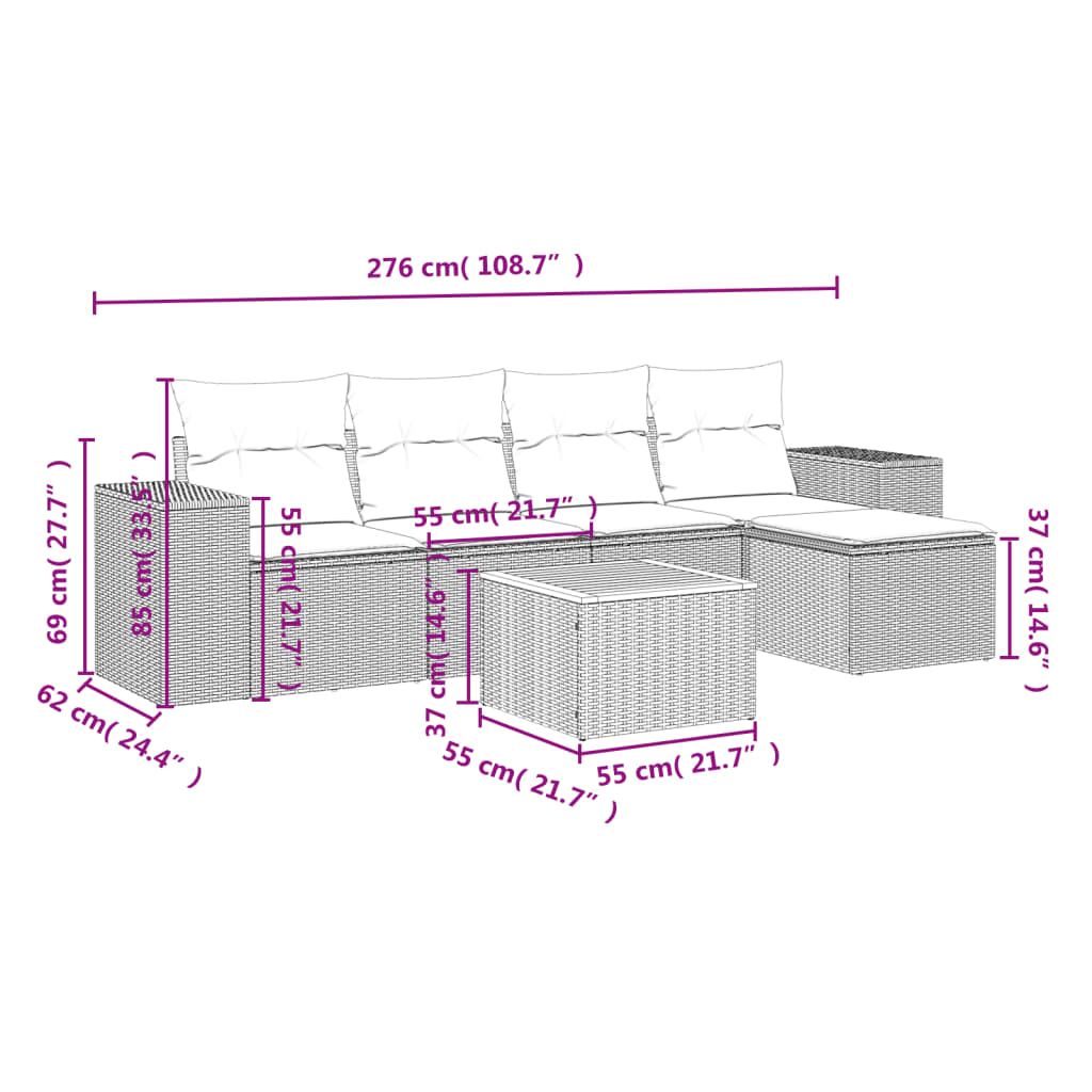 vidaXL 6-tlg. Garten-Sofagarnitur mit Kissen Beige Poly Rattan