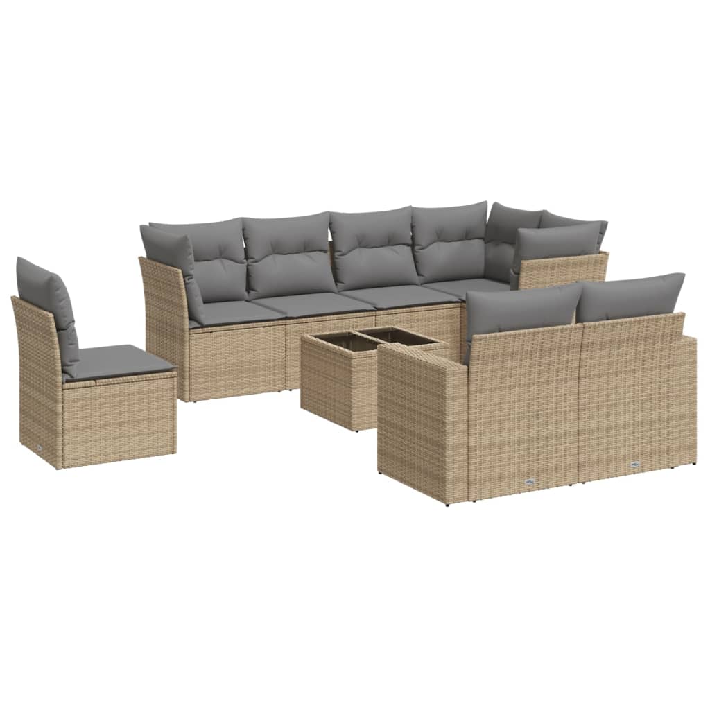 vidaXL 9-tlg. Garten-Sofagarnitur mit Kissen Beige Poly Rattan