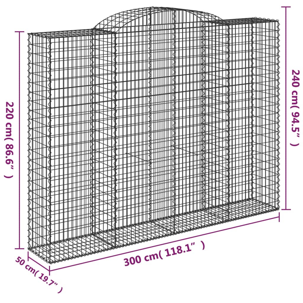 vidaXL Gabionen mit Hochbogen 2 Stk 300x50x220/240cm Verzinktes Eisen