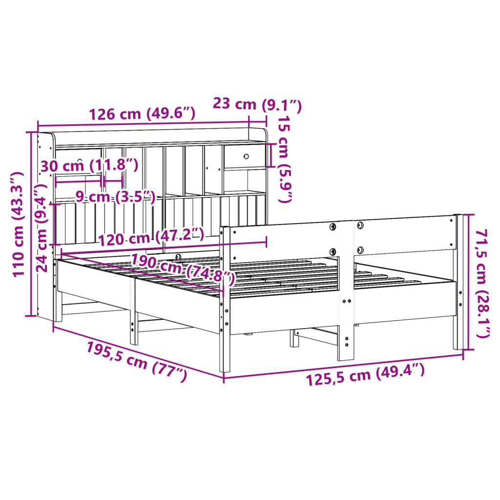 vidaXL Massivholzbett mit Regal ohne Matratze Weiß 120x190 cm Kiefer