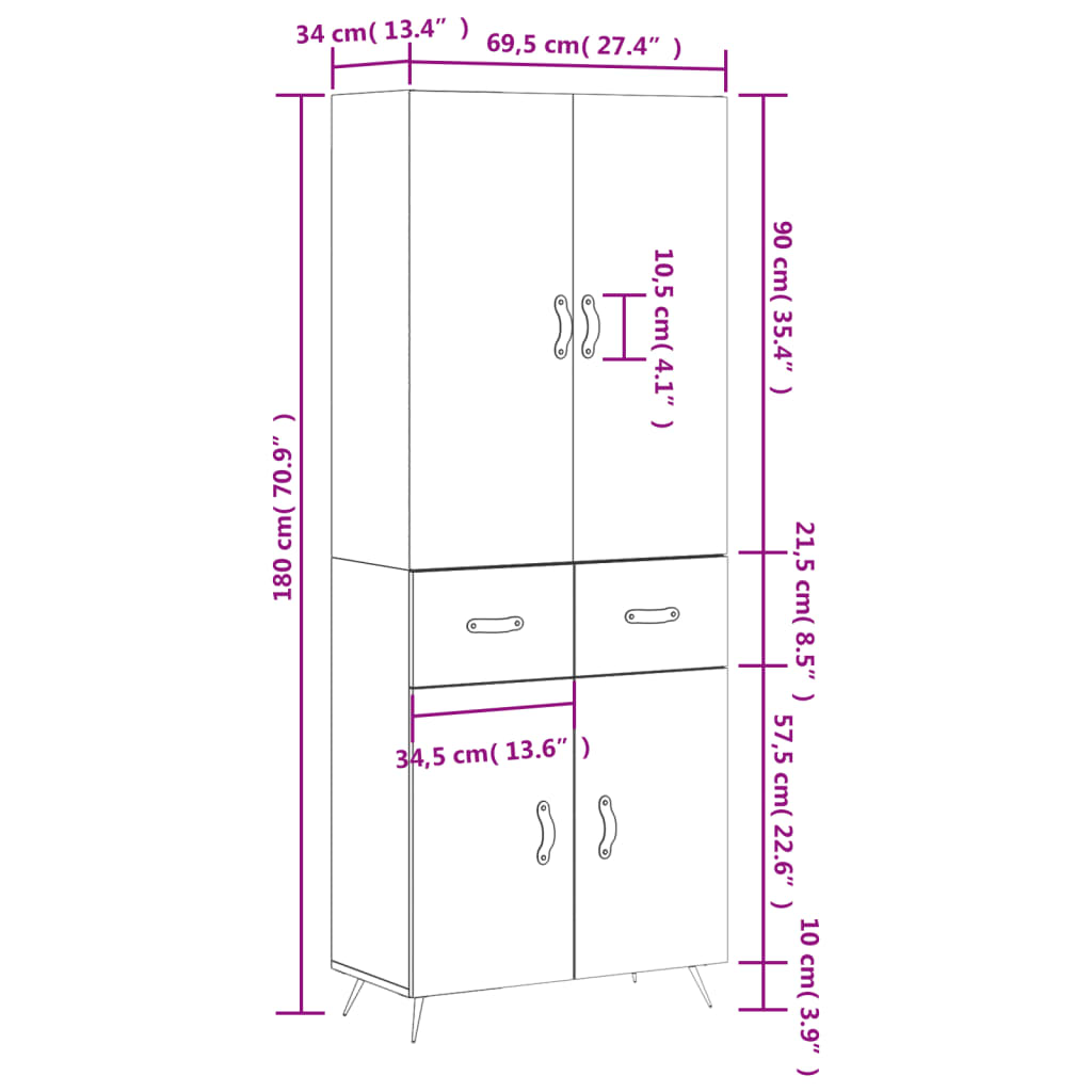 vidaXL Highboard Betongrau 69,5x34x180 cm Holzwerkstoff