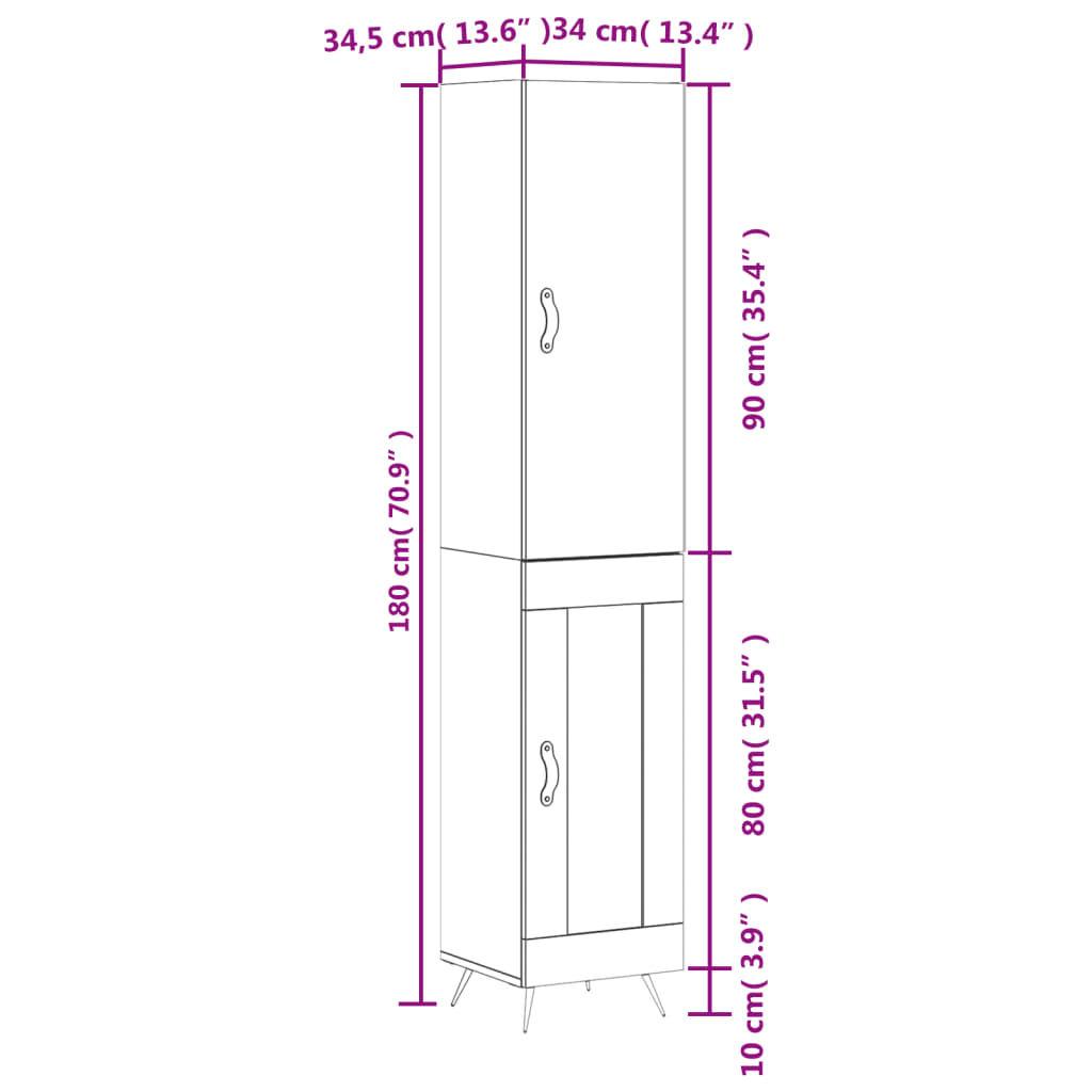 vidaXL Highboard Hochglanz-Weiß 34,5x34x180 cm Holzwerkstoff