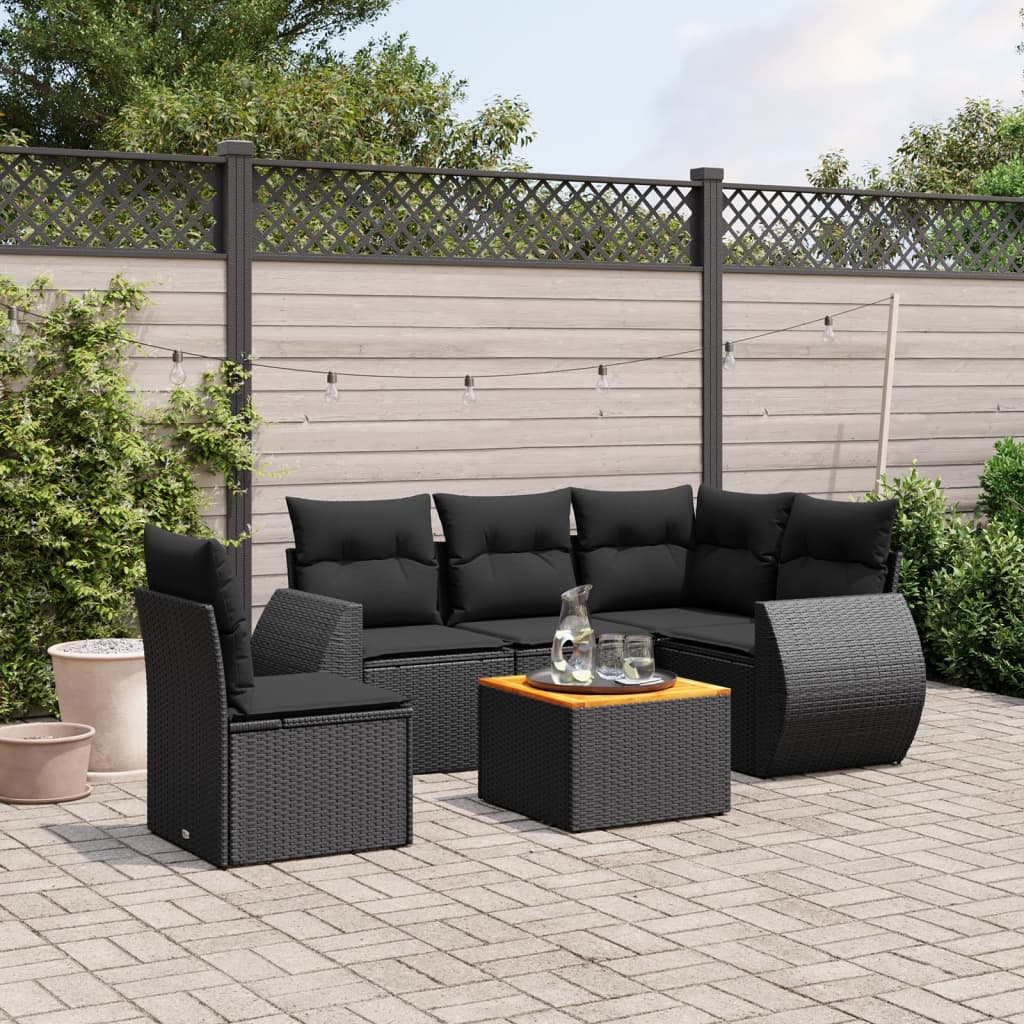 vidaXL 6-tlg. Garten-Sofagarnitur mit Kissen Schwarz Poly Rattan