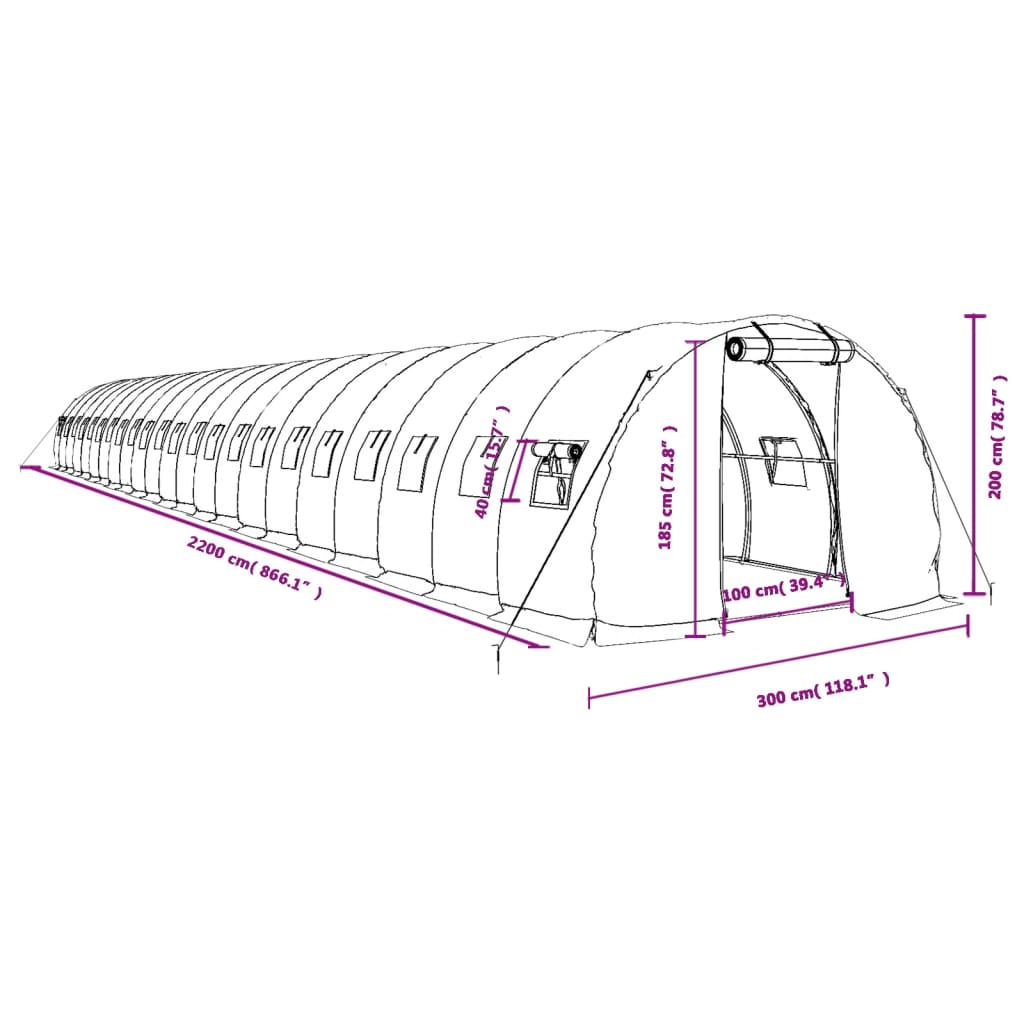 vidaXL Gewächshaus mit Stahlrahmen Weiß 66 m² 22x3x2 m