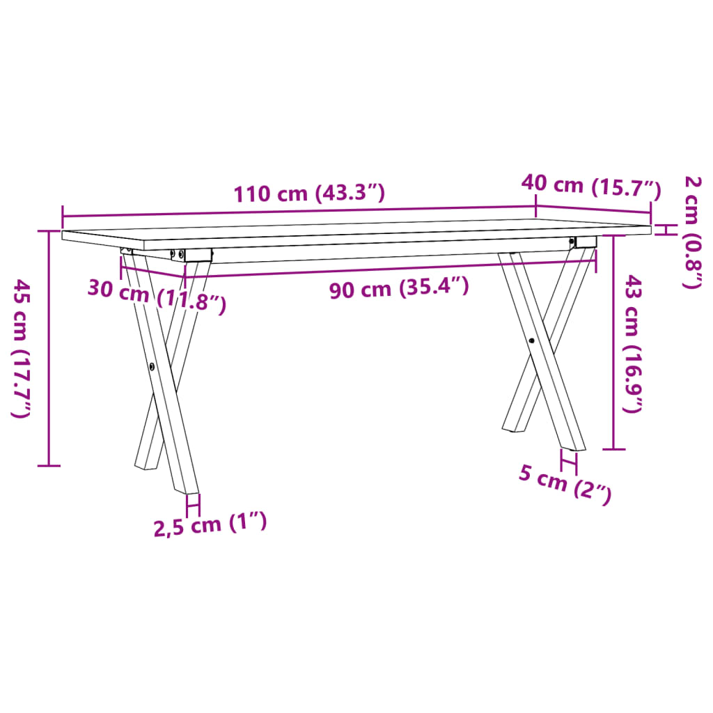 vidaXL Couchtisch X-Gestell 110x40x45 cm Massivholz Kiefer & Gusseisen