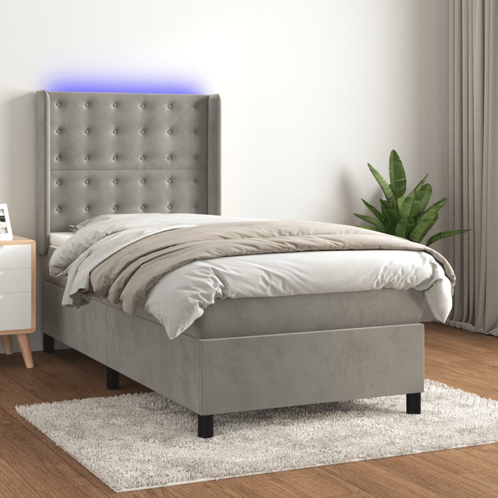 vidaXL Boxspringbett mit Matratze & LED Hellgrau 100x200 cm Samt