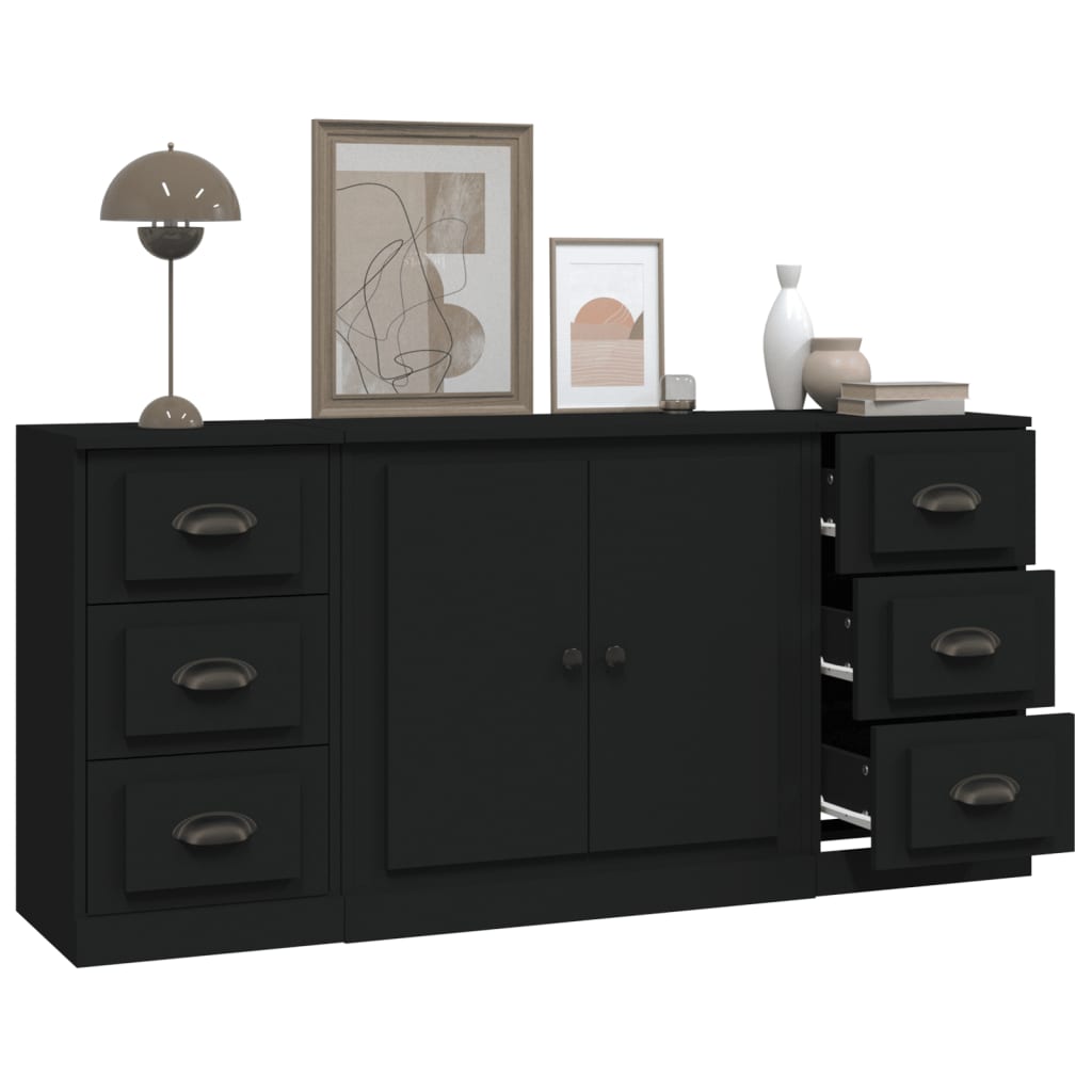 vidaXL Sideboards 3 Stk. Schwarz Holzwerkstoff