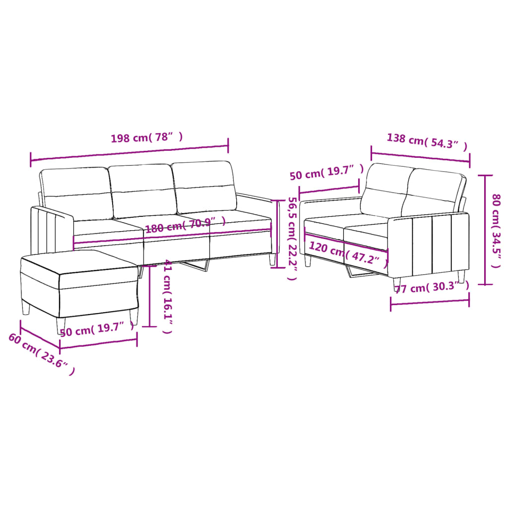 vidaXL 3-tlg. Sofagarnitur mit Kissen Creme Stoff