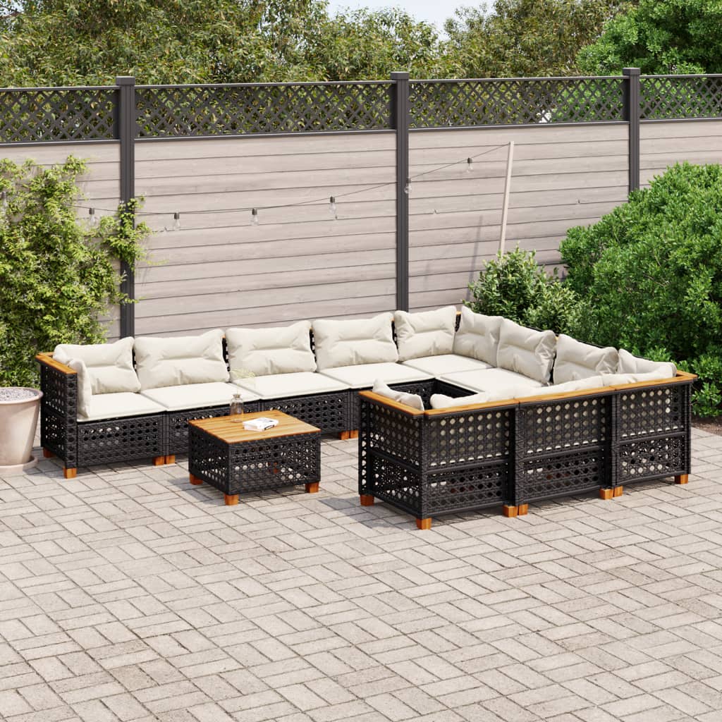 vidaXL 11-tlg. Garten-Sofagarnitur mit Kissen Schwarz Poly Rattan