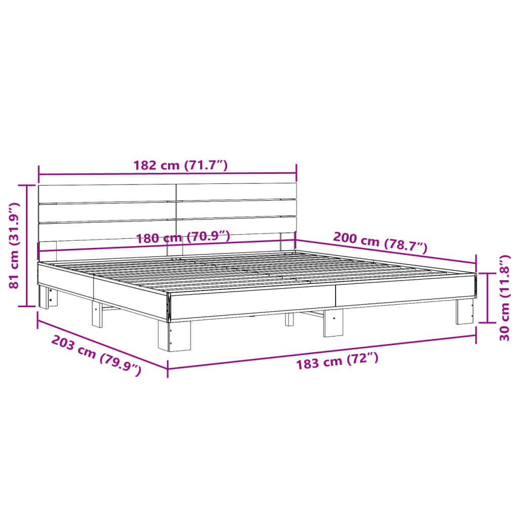 vidaXL Bettgestell Braun Eichen-Optik 180x200 cm Holzwerkstoff Metall