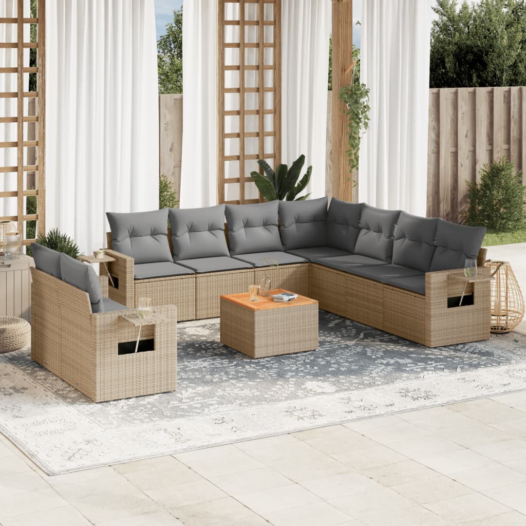 vidaXL 10-tlg. Garten-Sofagarnitur mit Kissen Beige Poly Rattan