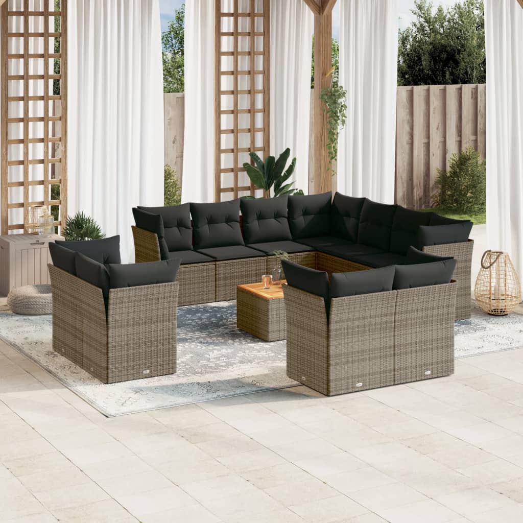 vidaXL 12-tlg. Garten-Sofagarnitur mit Kissen Grau Poly Rattan