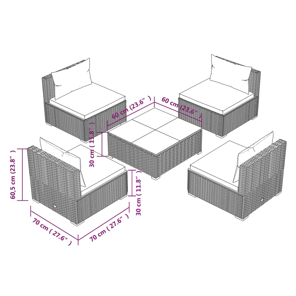 vidaXL 5-tlg. Garten-Lounge-Set mit Kissen Poly Rattan Grau