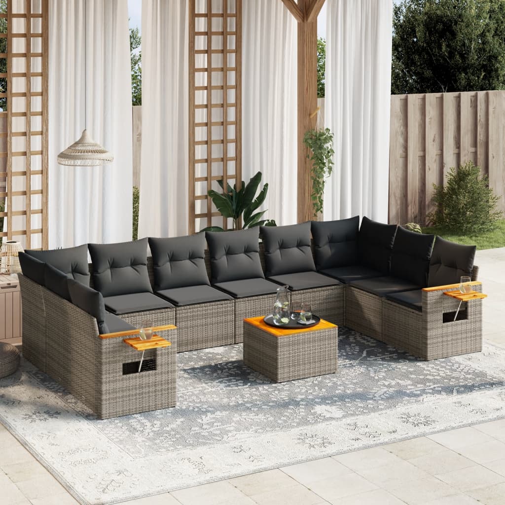 vidaXL 11-tlg. Garten-Sofagarnitur mit Kissen Grau Poly Rattan