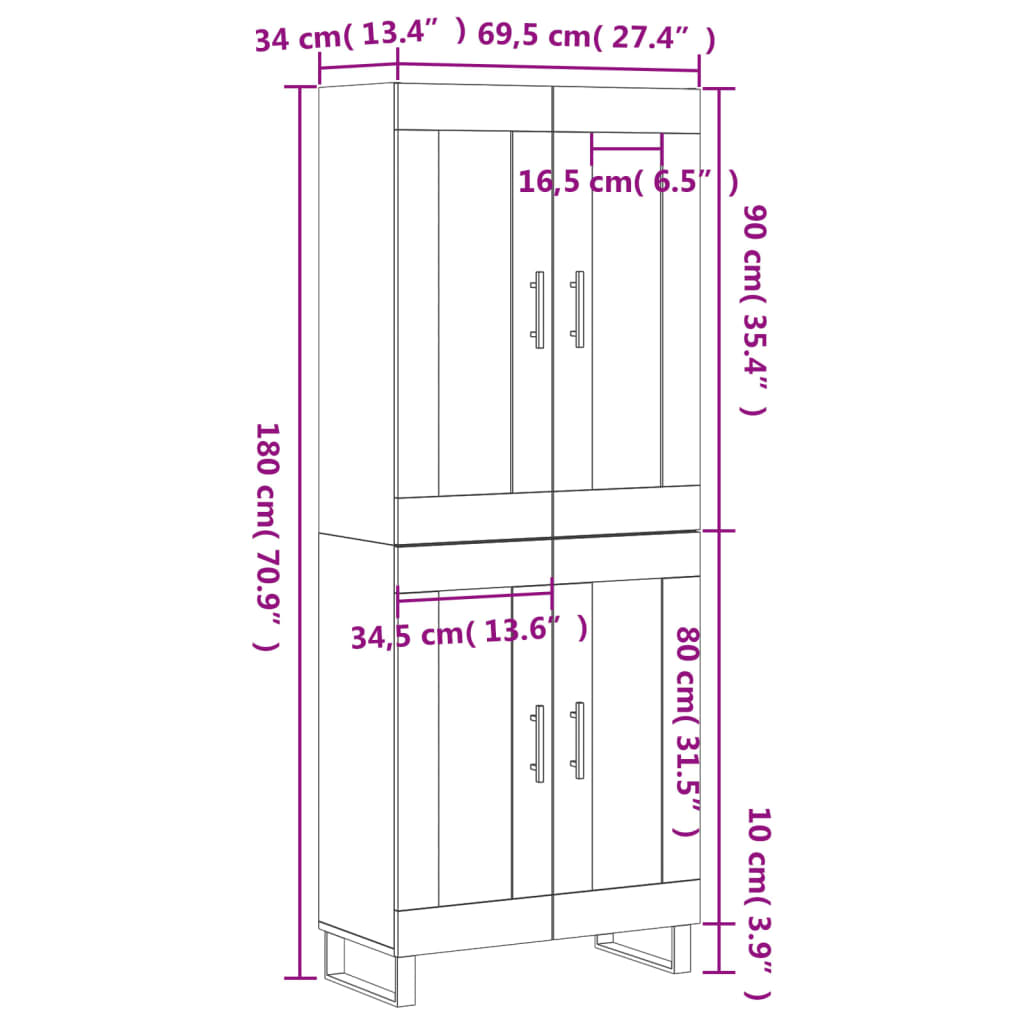 vidaXL Highboard Schwarz 69,5x34x180 cm Holzwerkstoff