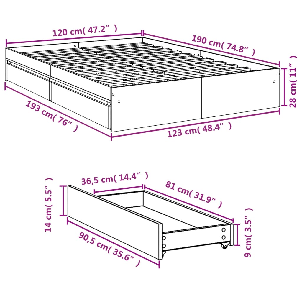 vidaXL Bettgestell mit Schubladen Weiß 120x190 cm Holzwerkstoff