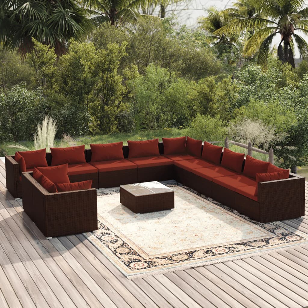 vidaXL 12-tlg. Garten-Lounge-Set mit Kissen Braun Poly Rattan