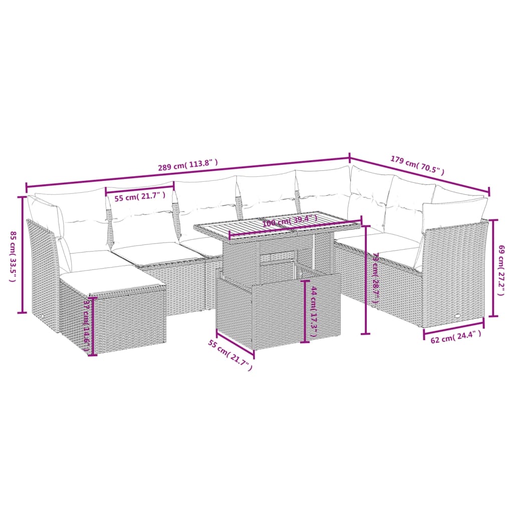 vidaXL 9-tlg. Garten-Sofagarnitur mit Kissen Schwarz Poly Rattan