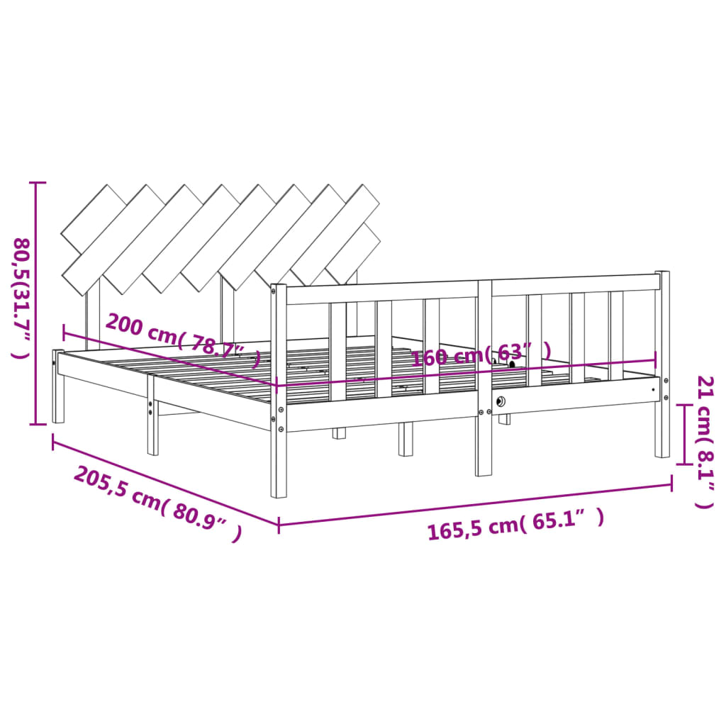 vidaXL Massivholzbett mit Kopfteil 160x200 cm