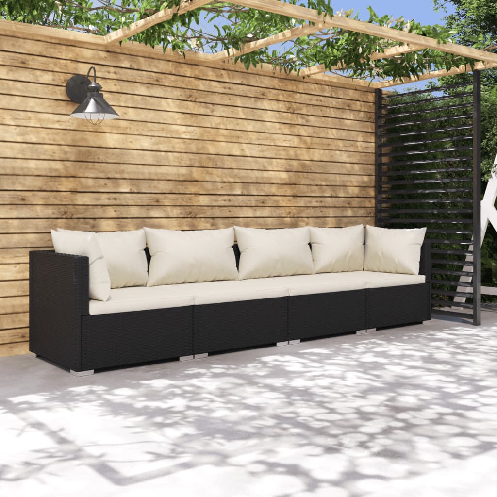 vidaXL 4-tlg. Garten-Lounge-Set mit Auflagen Poly Rattan Schwarz