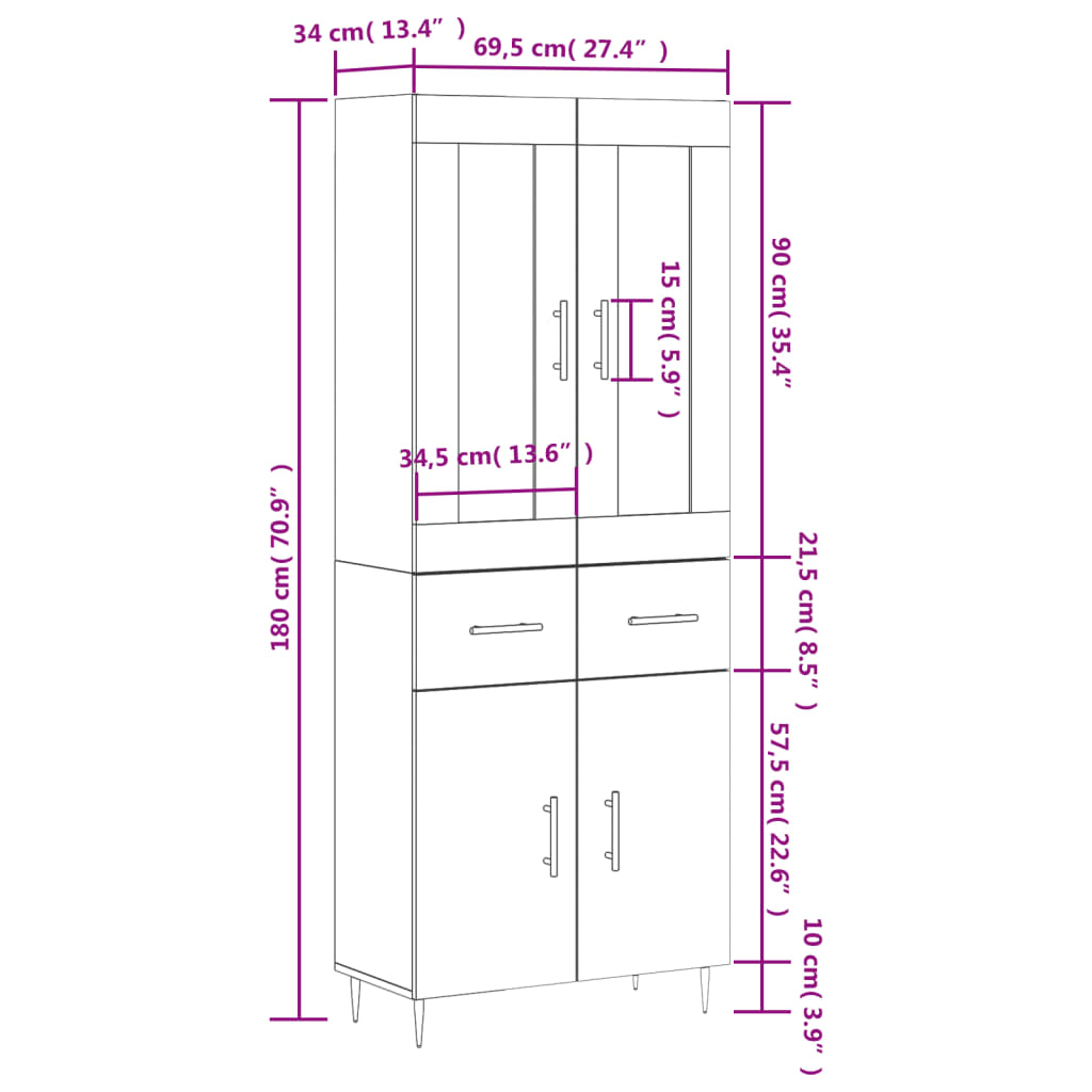 vidaXL Highboard Hochglanz-Weiß 69,5x34x180 cm Holzwerkstoff