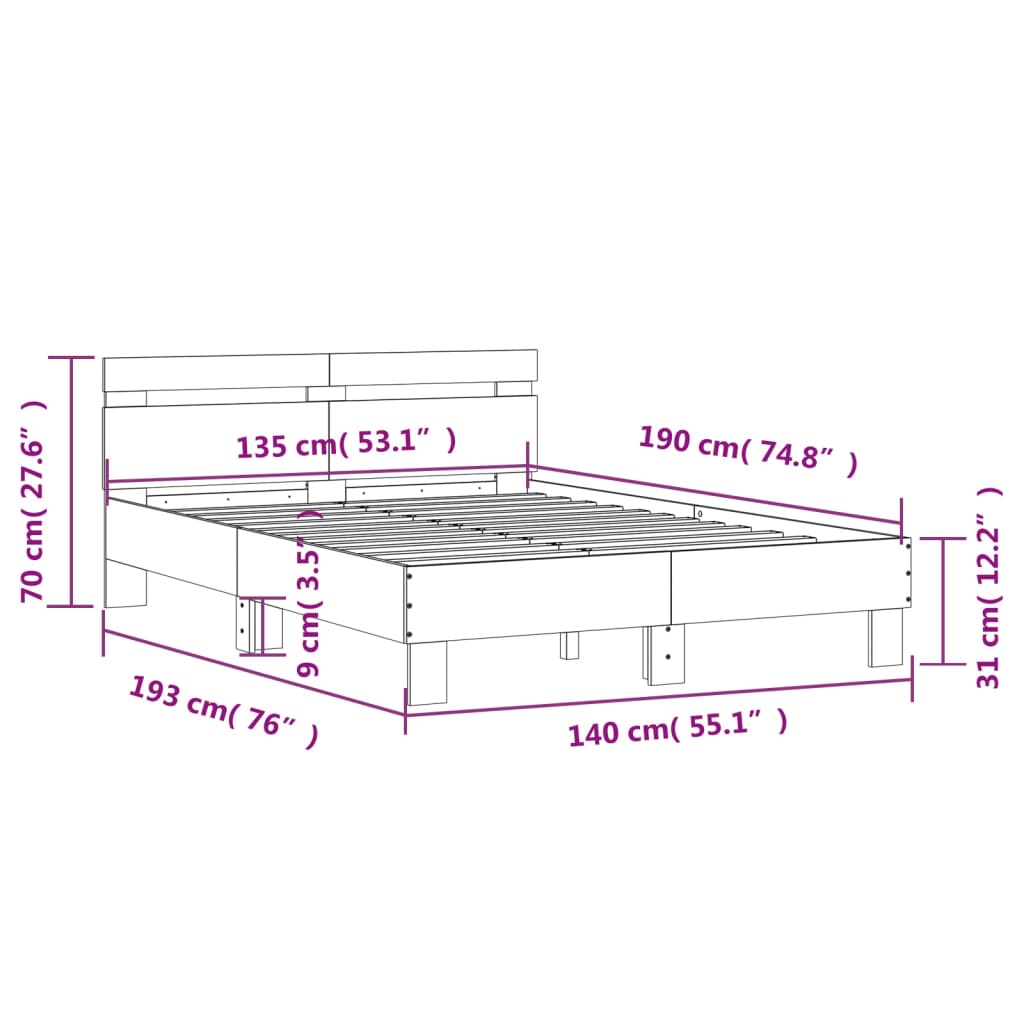 vidaXL Bettgestell mit Kopfteil LED-Beleuchtung Sonoma-Eiche 135x190cm