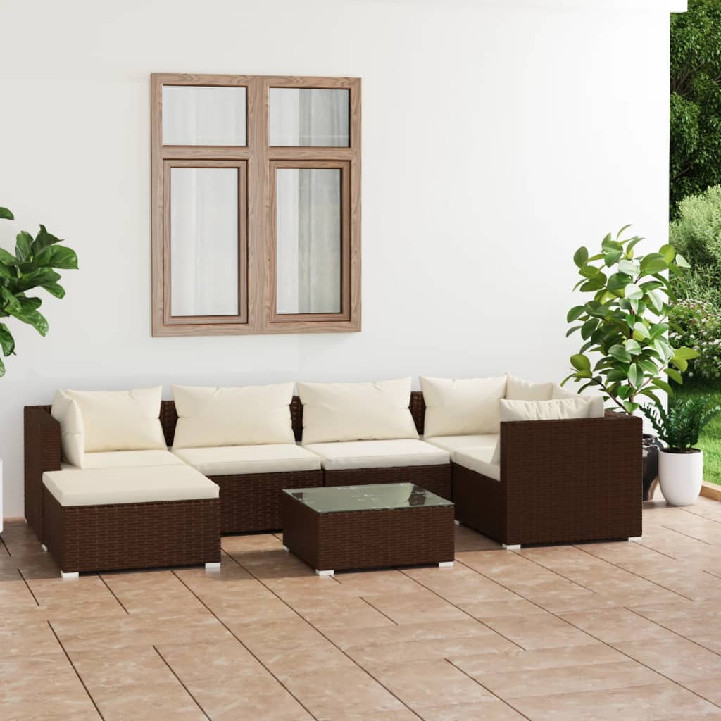 vidaXL 7-tlg. Garten-Lounge-Set mit Kissen Poly Rattan Braun