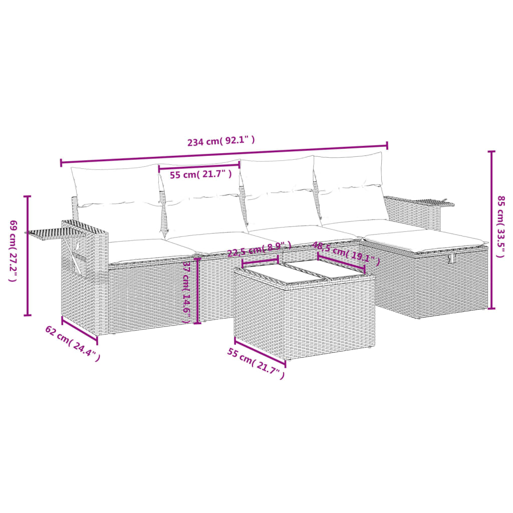 vidaXL 6-tlg. Garten-Sofagarnitur mit Kissen Schwarz Poly Rattan