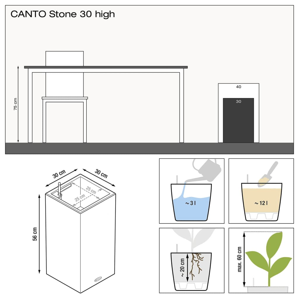 LECHUZA Pflanzgefäß CANTO Stone 30 High ALL-IN-ONE Graphitschwarz