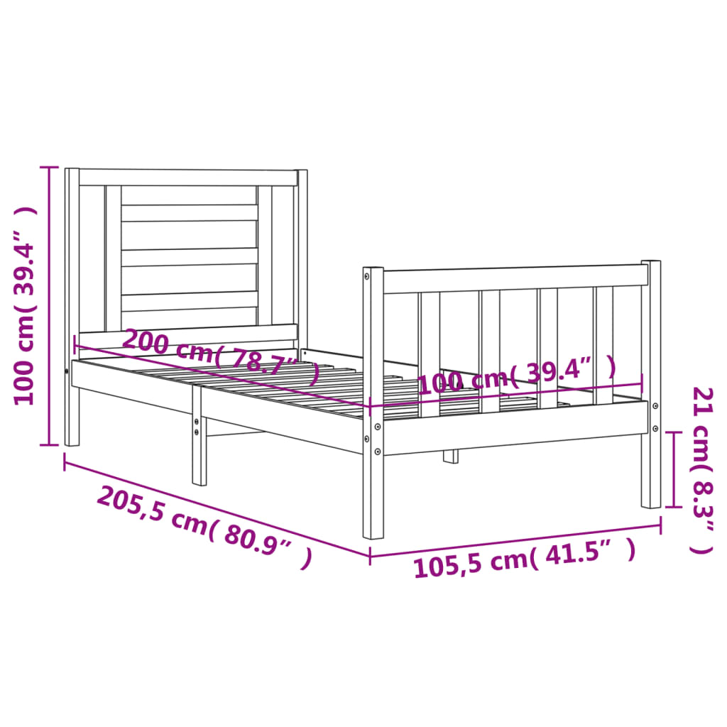 vidaXL Massivholzbett mit Kopfteil Weiß 100x200 cm