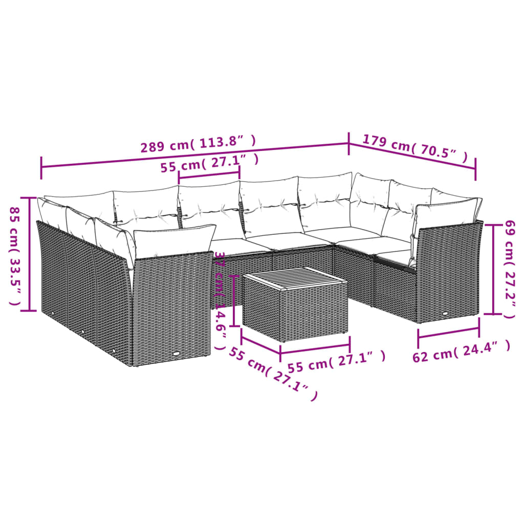 vidaXL 10-tlg. Garten-Sofagarnitur mit Kissen Beige Poly Rattan