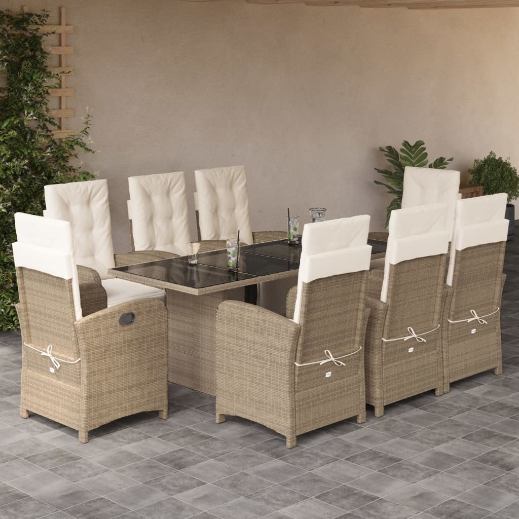 vidaXL 9-tlg. Garten-Essgruppe mit Kissen Beige Poly Rattan