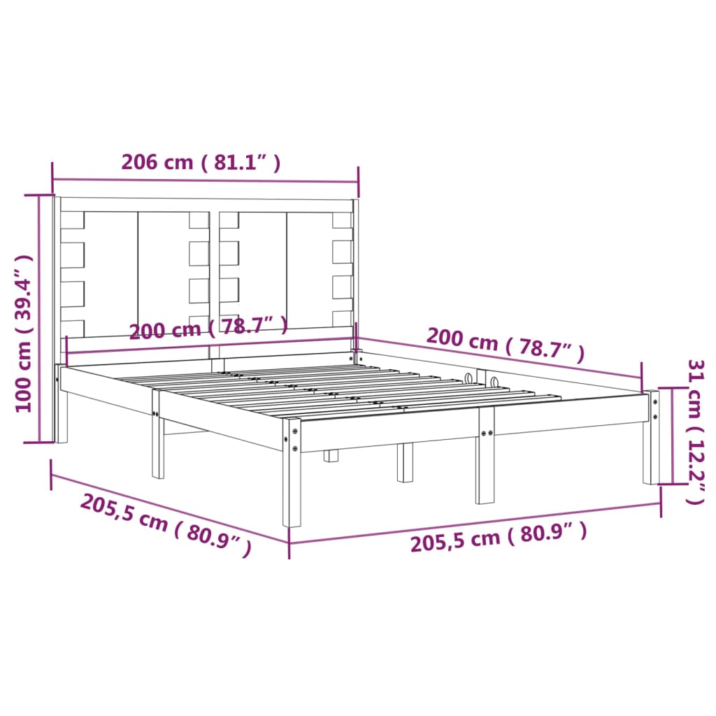 vidaXL Massivholzbett Schwarz Kiefer 200x200 cm