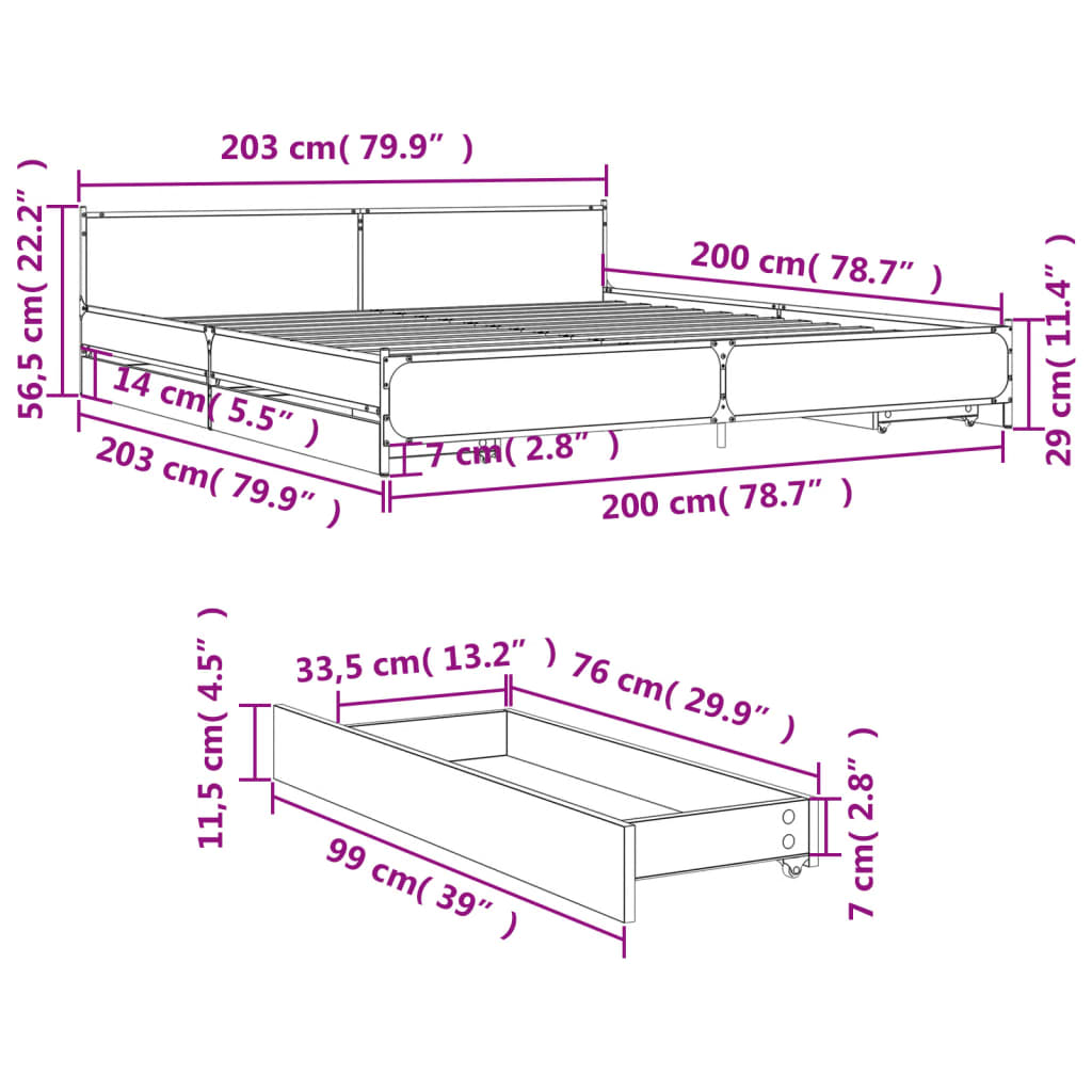 vidaXL Bettgestell mit Schubladen Grau Sonoma 200x200cm Holzwerkstoff