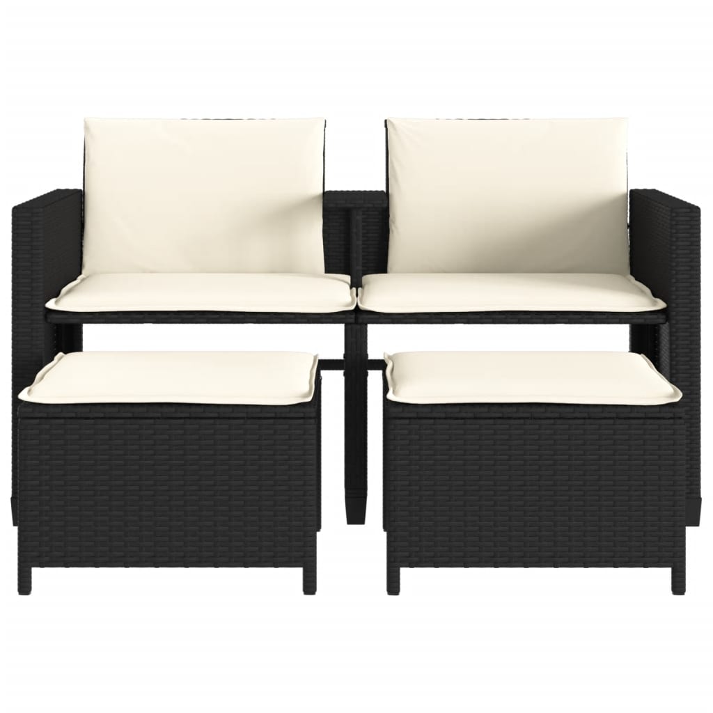 vidaXL Gartensofa 2-Sitzer mit Tisch und Hockern Schwarz Poly Rattan