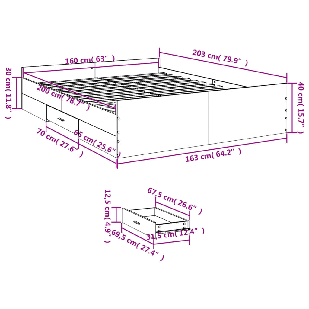 vidaXL Bettgestell mit Schubladen Sonoma-Eiche 160x200cm Holzwerkstoff