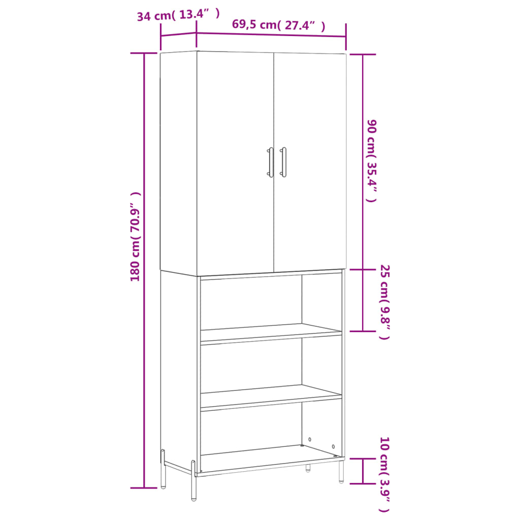 vidaXL Highboard Weiß 69,5x34x180 cm Holzwerkstoff