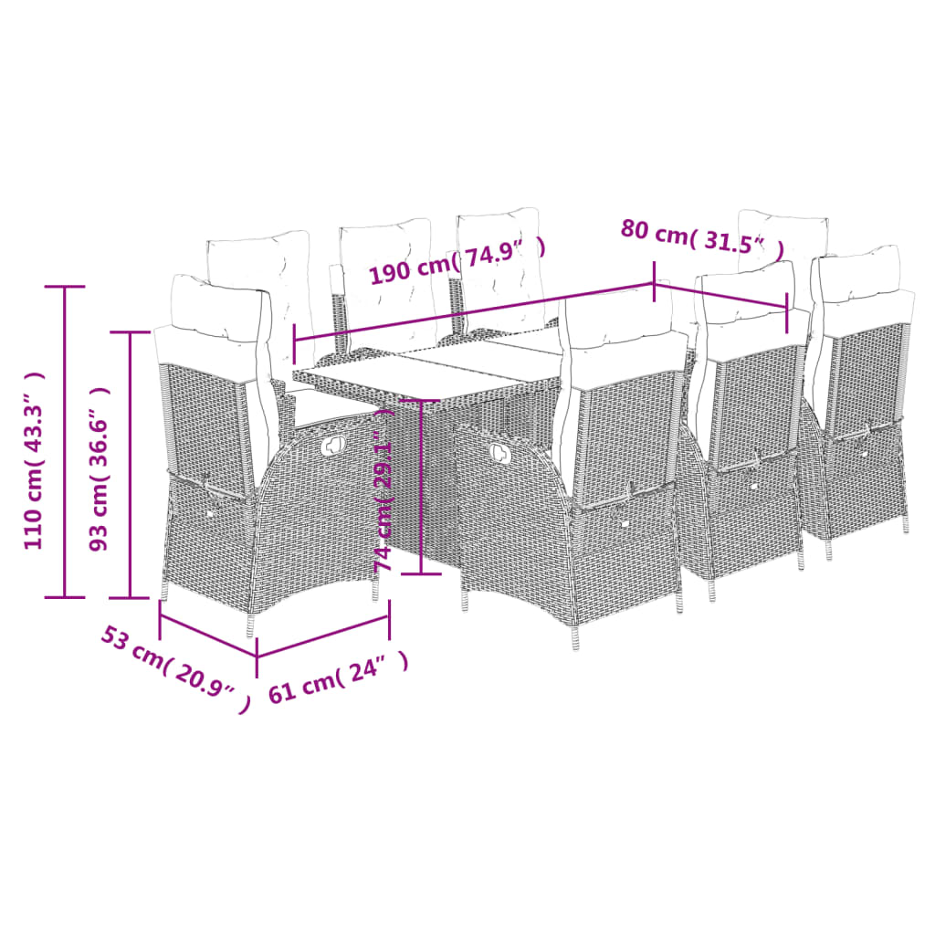 vidaXL 9-tlg. Garten-Essgruppe mit Kissen Schwarz Poly Rattan