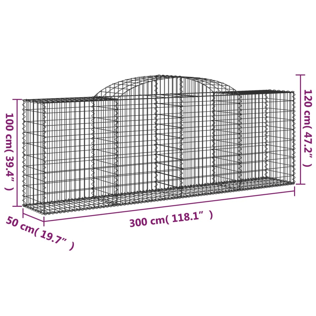 vidaXL Gabionen mit Hochbogen 3 Stk. 300x50x100/120cm Verzinktes Eisen