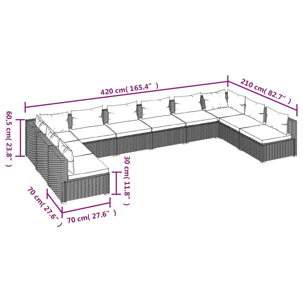 vidaXL 10-tlg. Garten-Lounge-Set mit Kissen Poly Rattan Braun