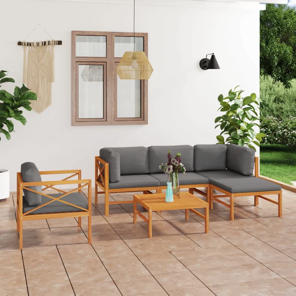 vidaXL 6-tlg. Garten-Lounge-Set mit Grauen Kissen Massivholz Teak