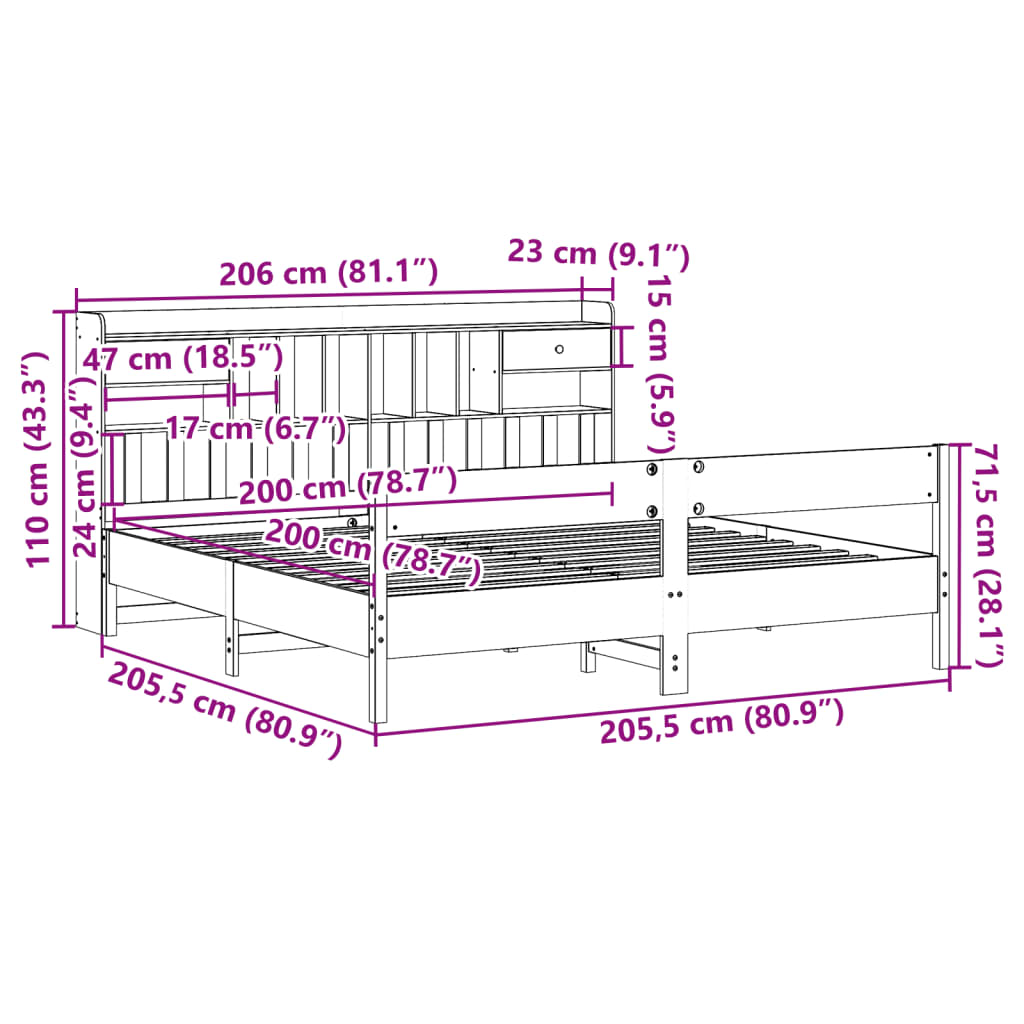 vidaXL Massivholzbett mit Regal ohne Matratze Wachsbraun 200x200 cm