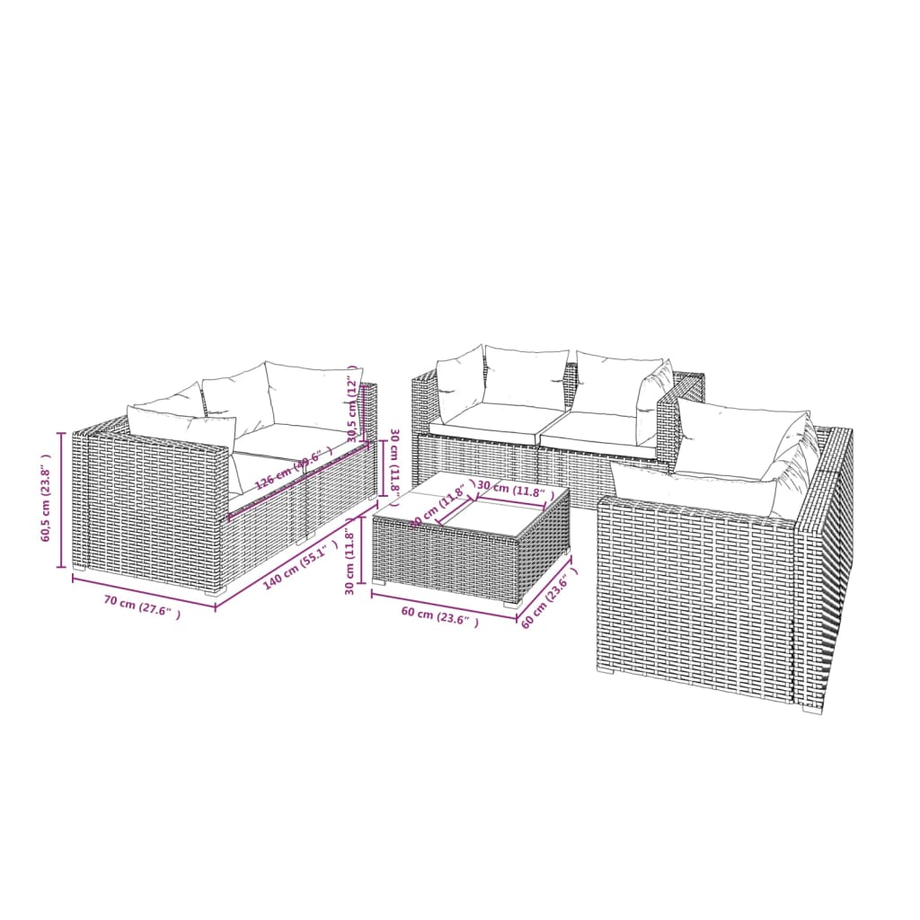 vidaXL 7-tlg. Garten-Lounge-Set mit Kissen Poly Rattan Grau