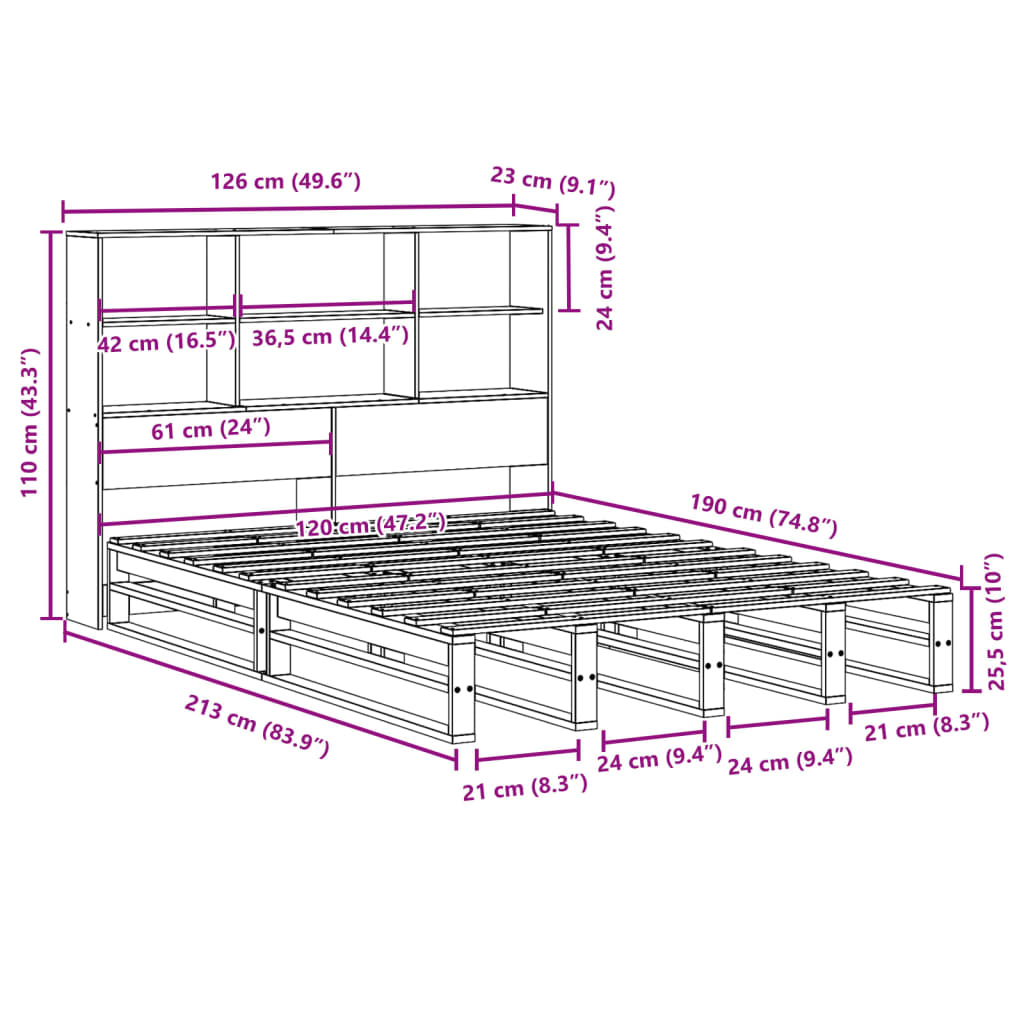 vidaXL Massivholzbett mit Regal ohne Matratze Weiß 120x190 cm