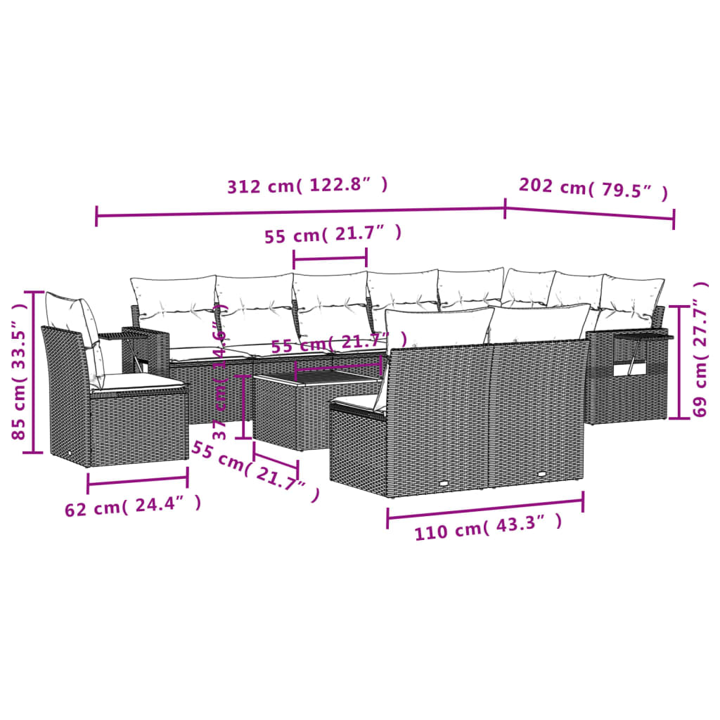 vidaXL 11-tlg. Garten-Sofagarnitur mit Kissen Grau Poly Rattan