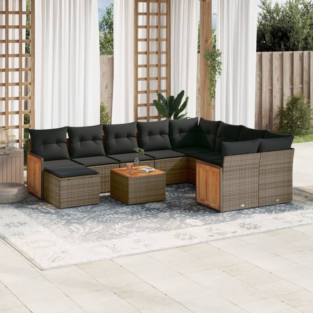 vidaXL 11-tlg. Garten-Sofagarnitur mit Kissen Grau Poly Rattan