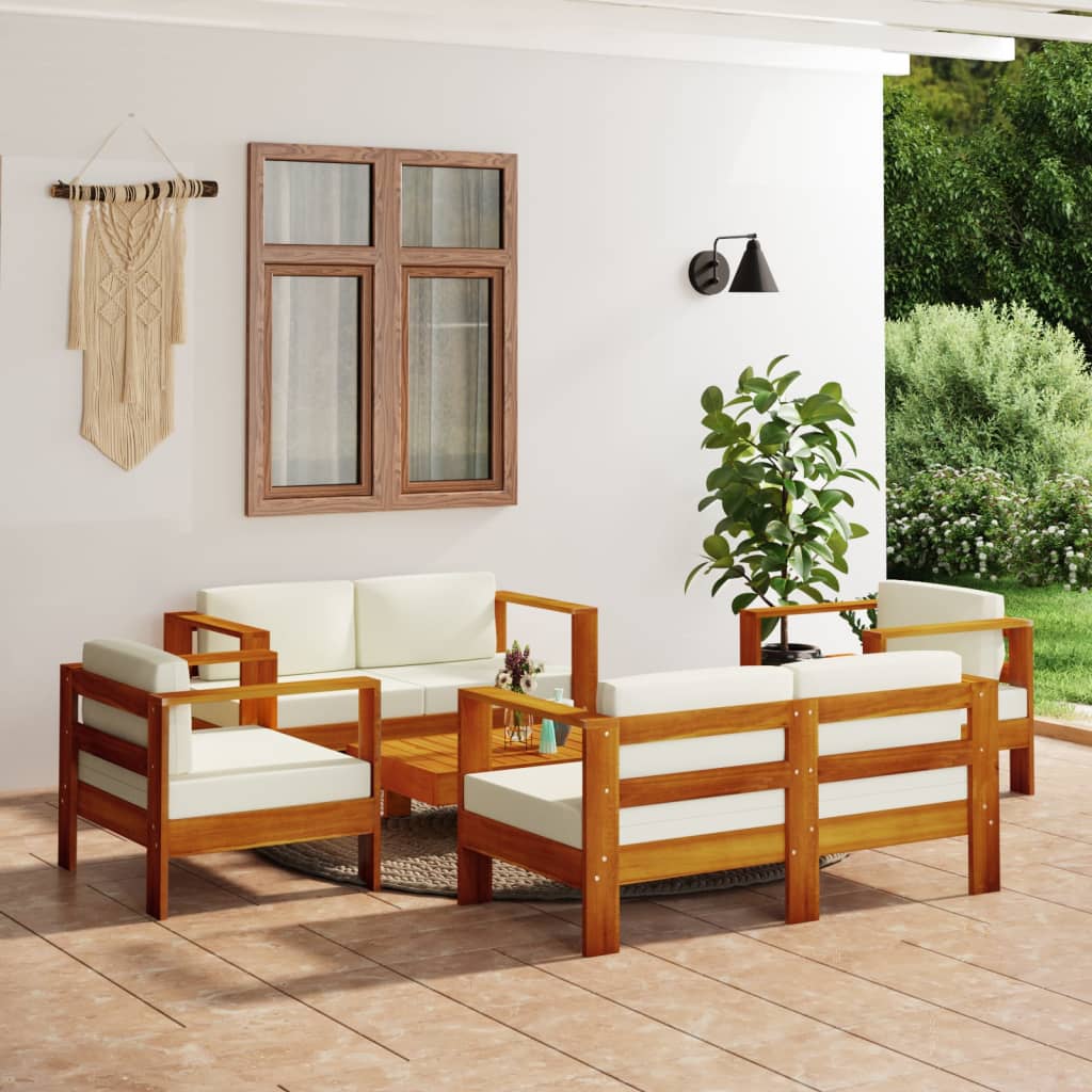 vidaXL 5-tlg. Garten-Lounge-Set mit Cremeweißen Kissen Massivholz